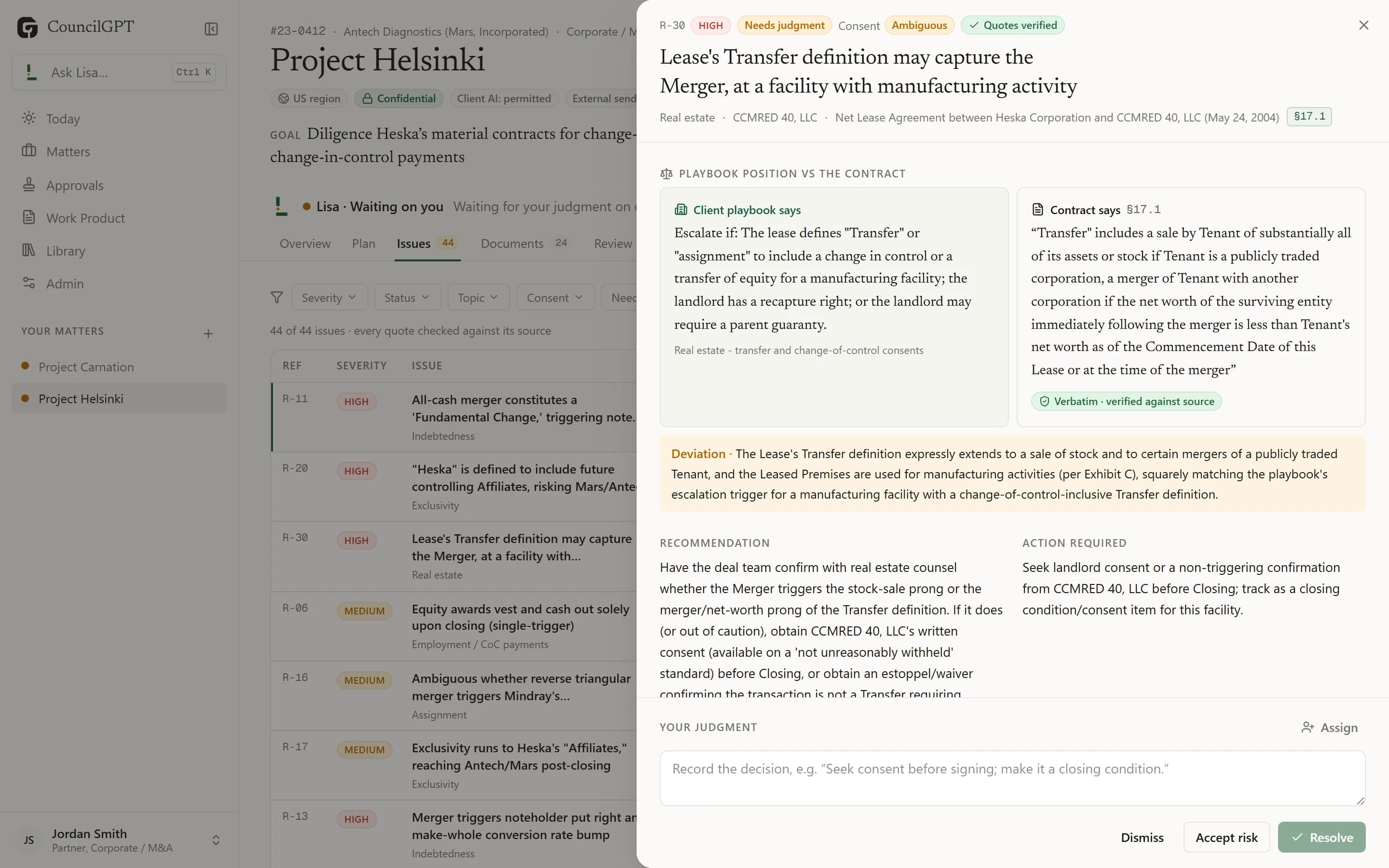 An issue showing the client playbook position beside the contract's Transfer definition, the deviation, and a recommendation.